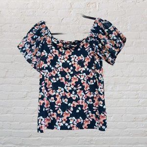 WHITE HOUSE BLACK MARKET Navy Coral Floral Short Sleeve Blouse